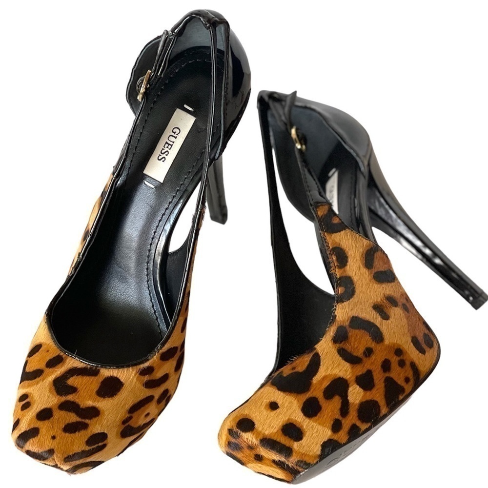 Guess Black Patent Leather Leopard Furr Stiletto Platform Pumps Heels, Sz 9M